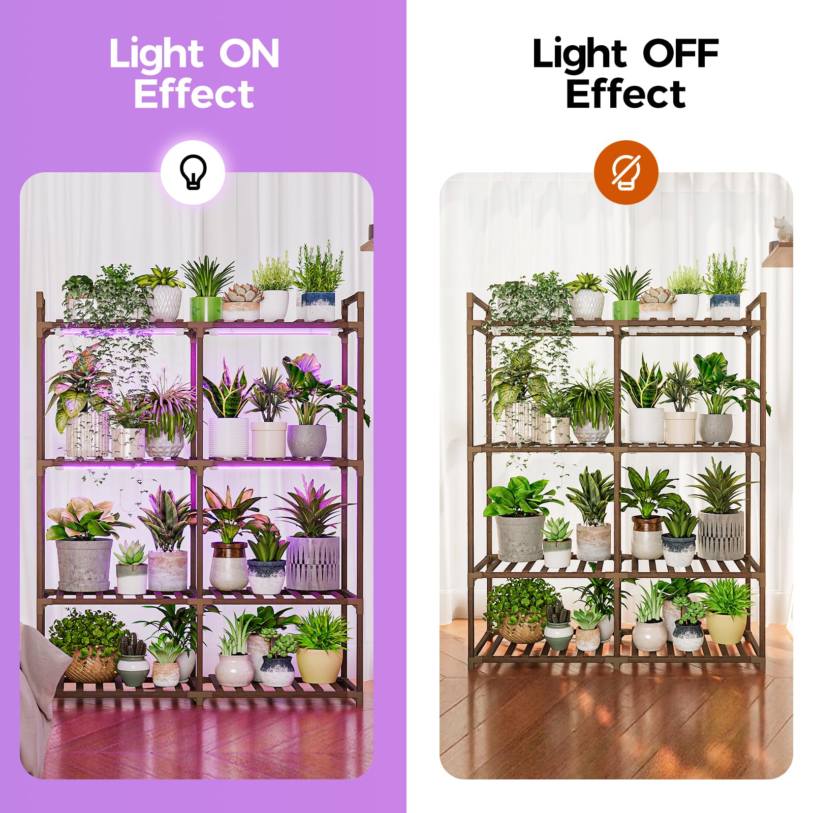 Bamworld purple grow lights illuminating multiple plant tiers for better energy