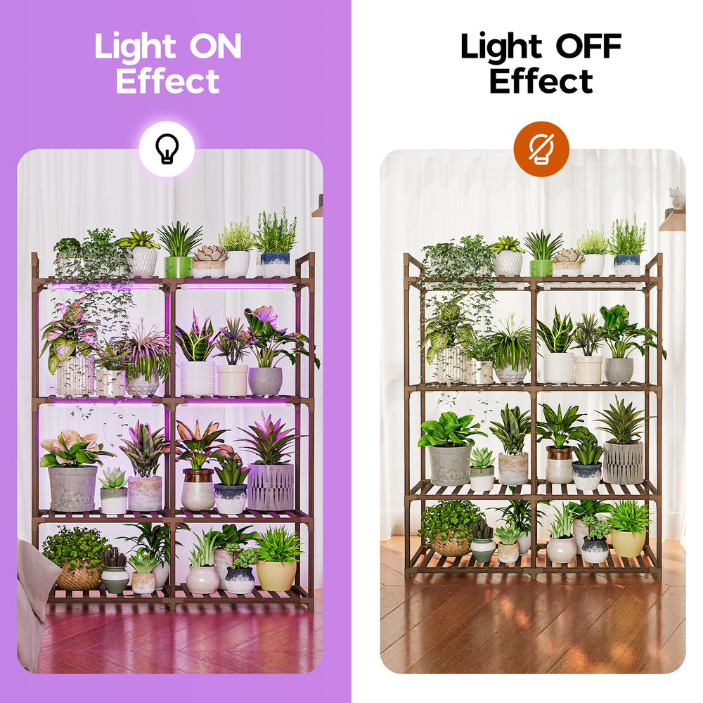 Bamworld purple grow lights illuminating multiple plant tiers for better energy