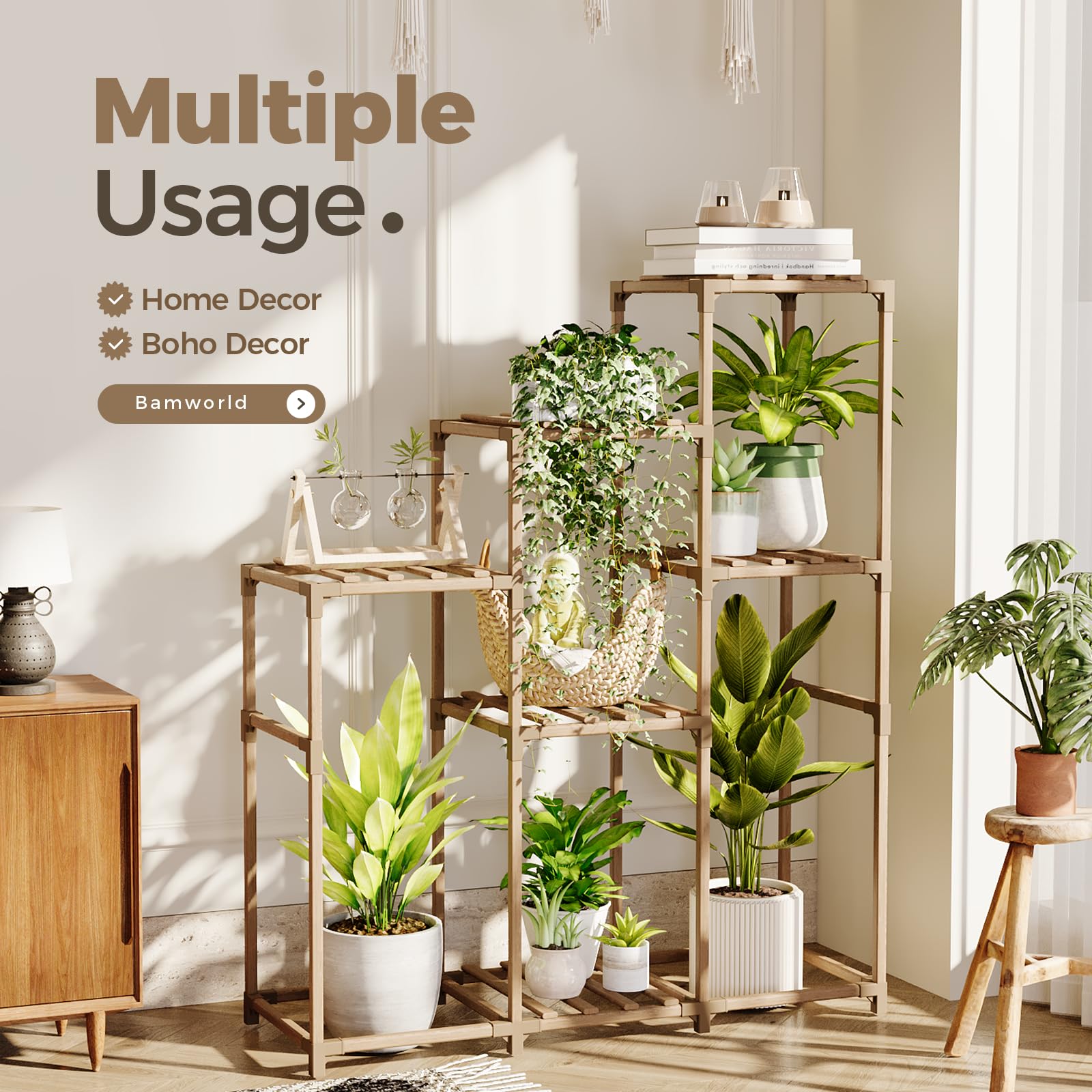Bamworld plant stand on balcony with sunlight showing outdoor styling benefit