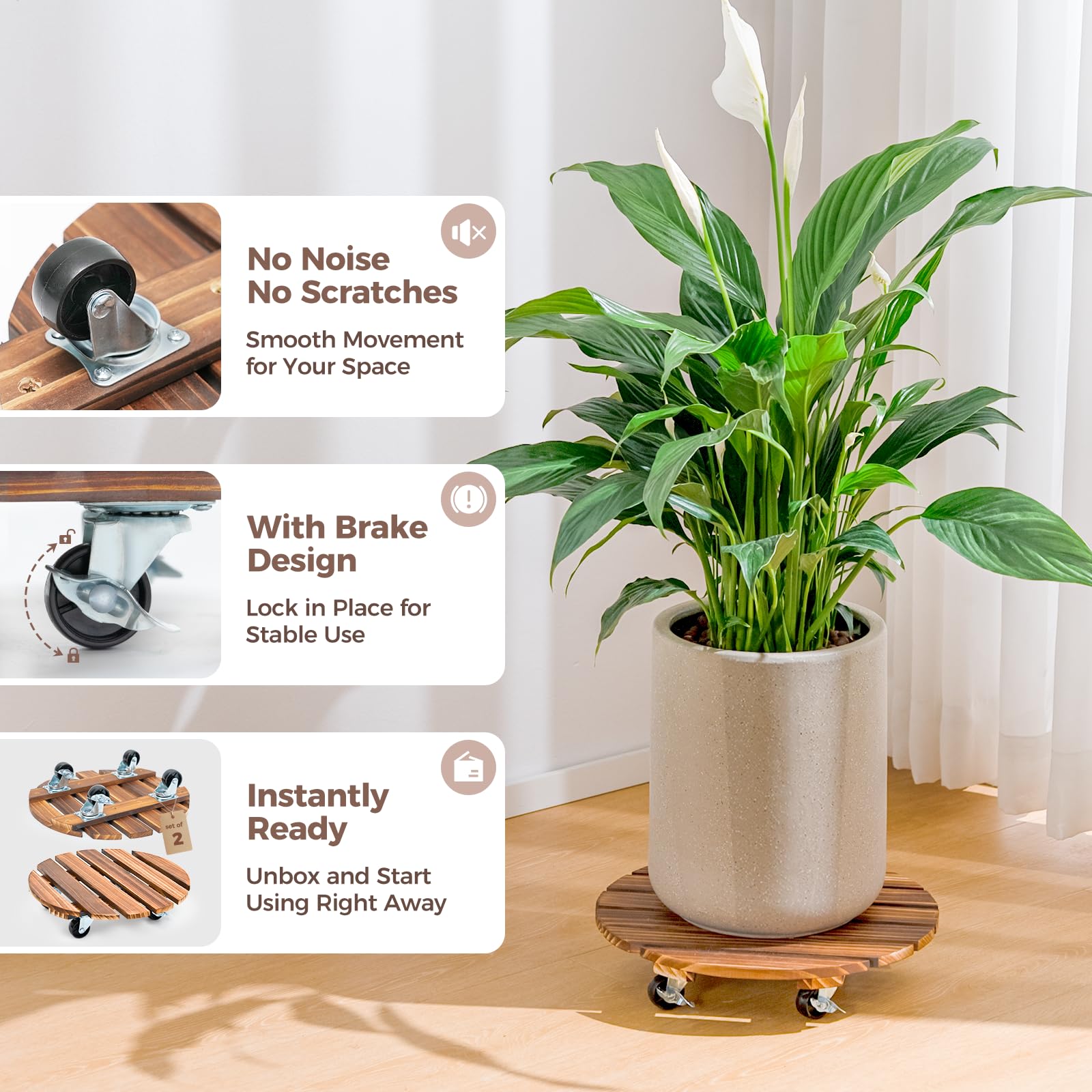 Bamworld plant caddy in living room with pot demonstrating effortless repositioning benefit