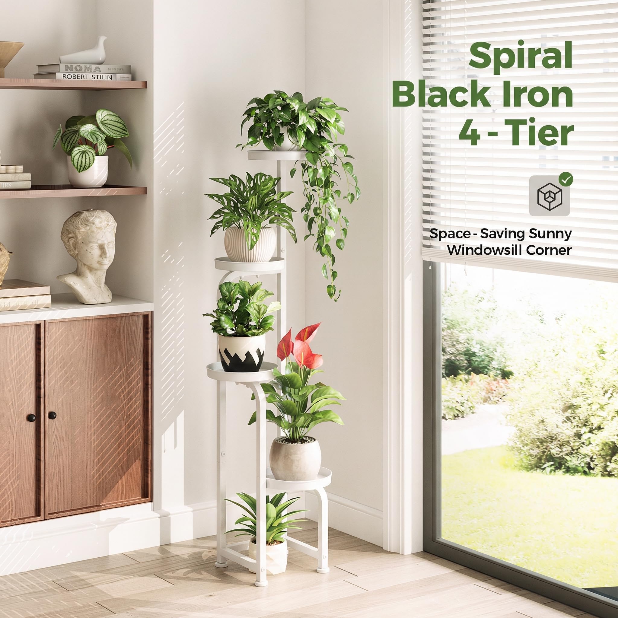 Bamworld plant stand in living room demonstrating space-saving vertical display