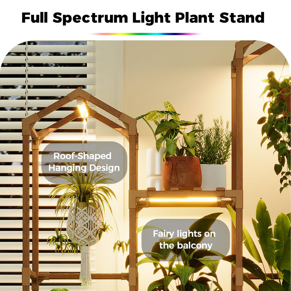 Bamworld shelf in living room creating cozy ambience while illuminating houseplants