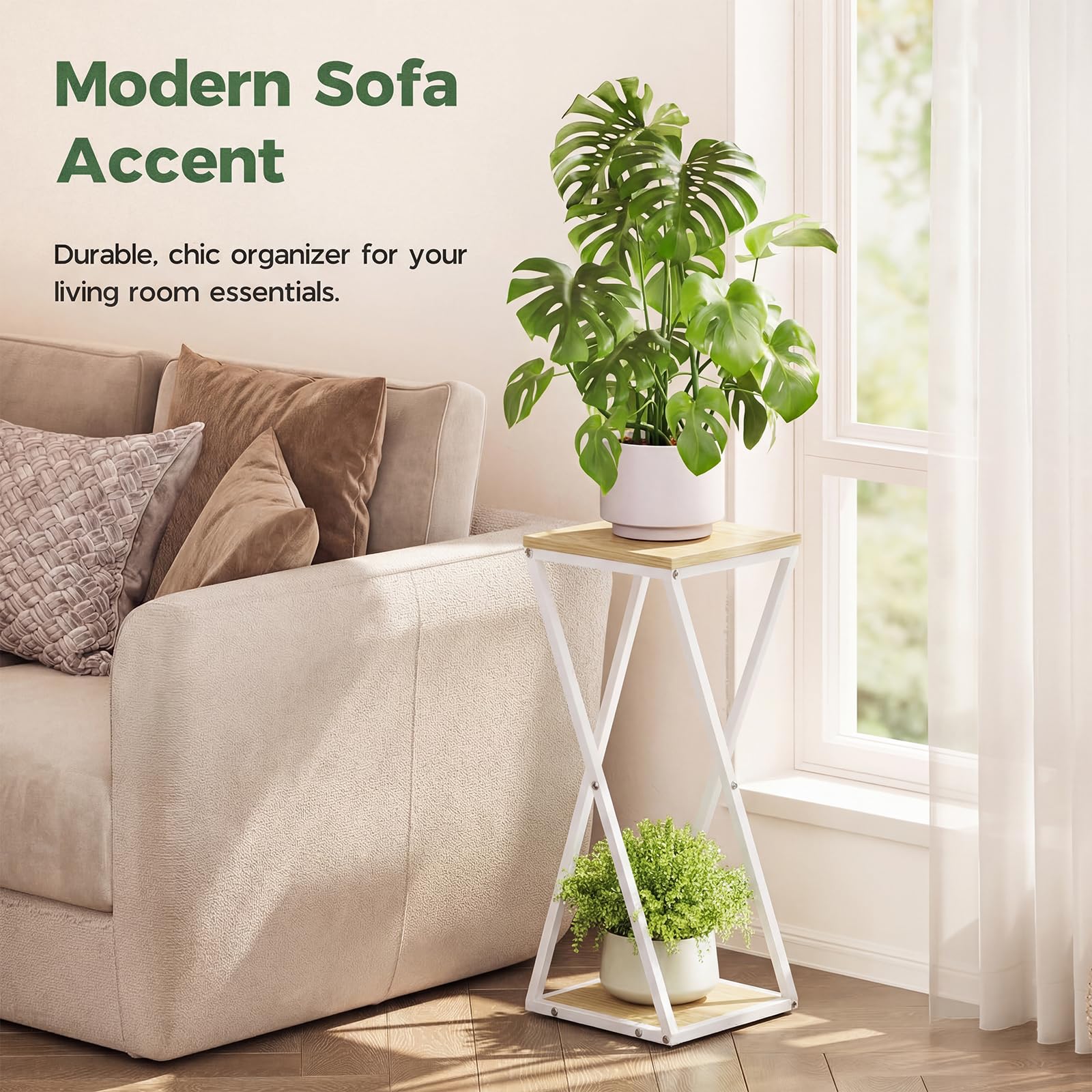 Bamworld tiered stand holding mixed pots and decor, creates an attractive vertical plant display