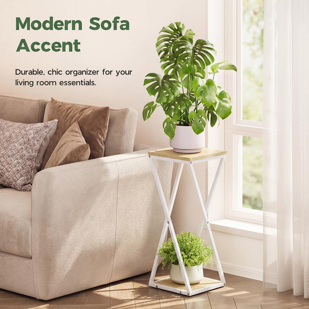 Bamworld tiered stand holding mixed pots and decor, creates an attractive vertical plant display
