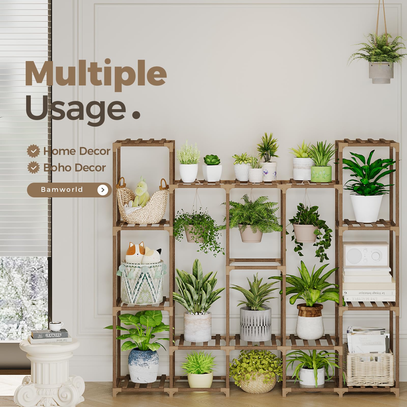 Bamworld repisas con macetas y plantas colgantes para máxima capacidad visible
