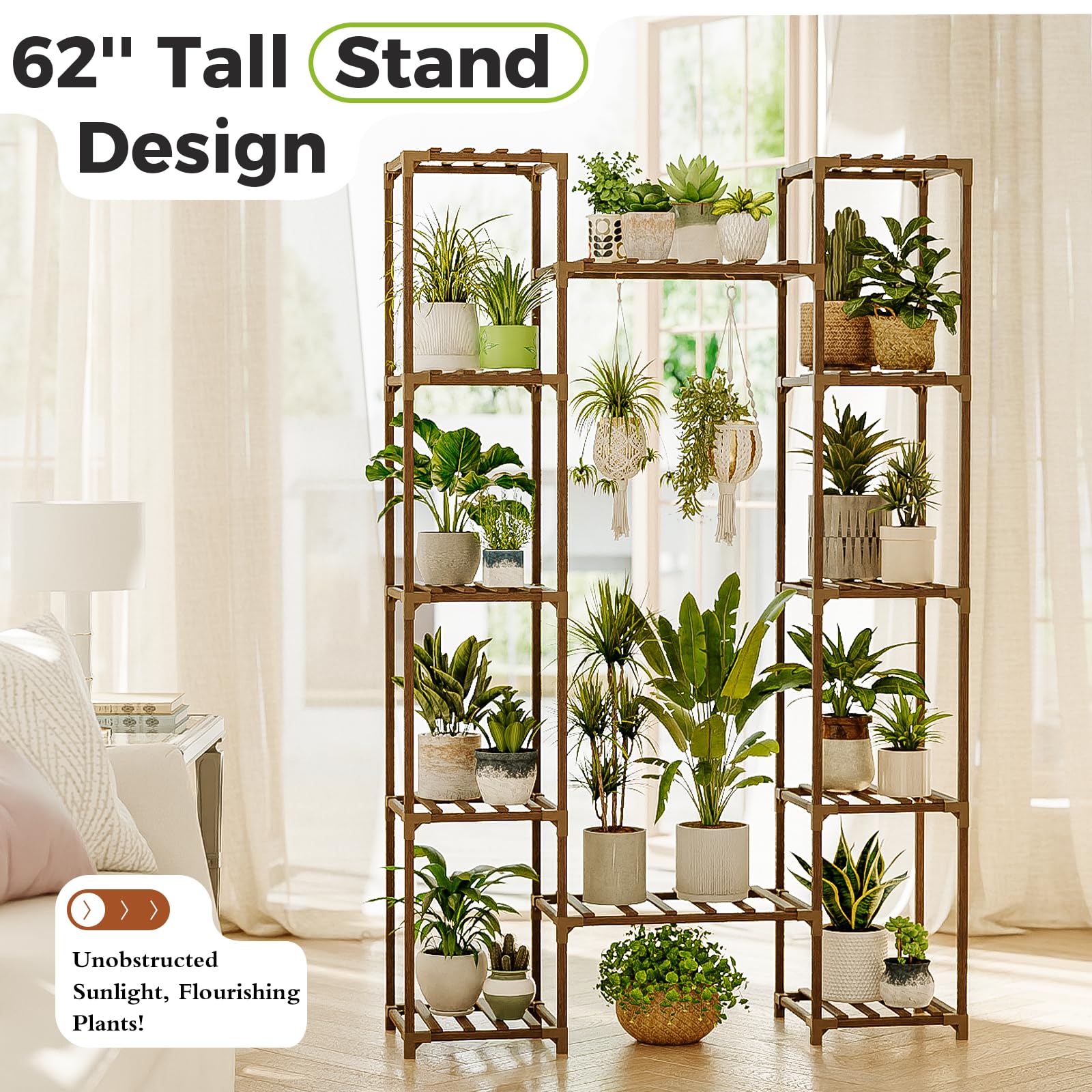 Bamworld plant stand placed in a corner maximizing vertical space and light