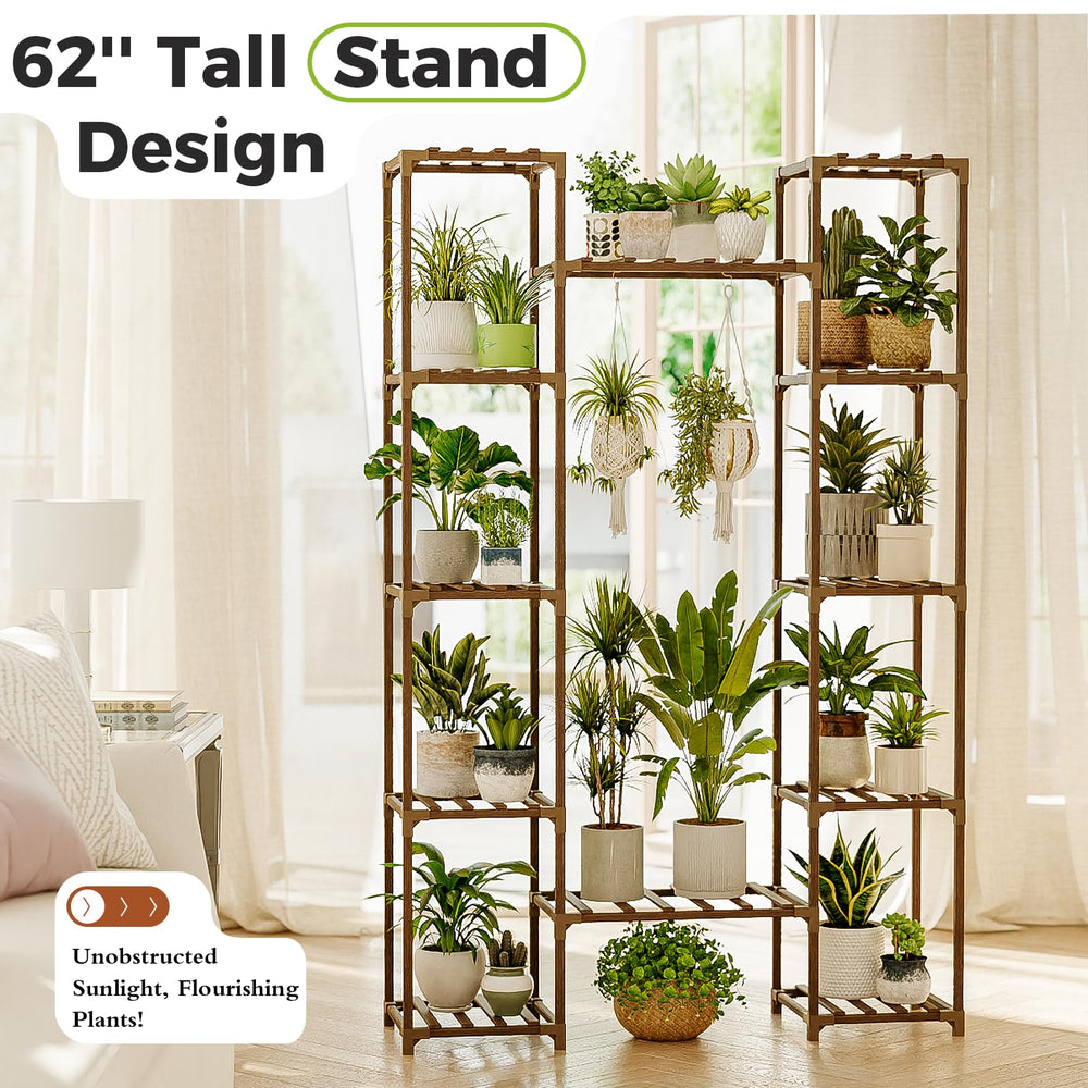 Bamworld plant stand placed in a corner maximizing vertical space and light