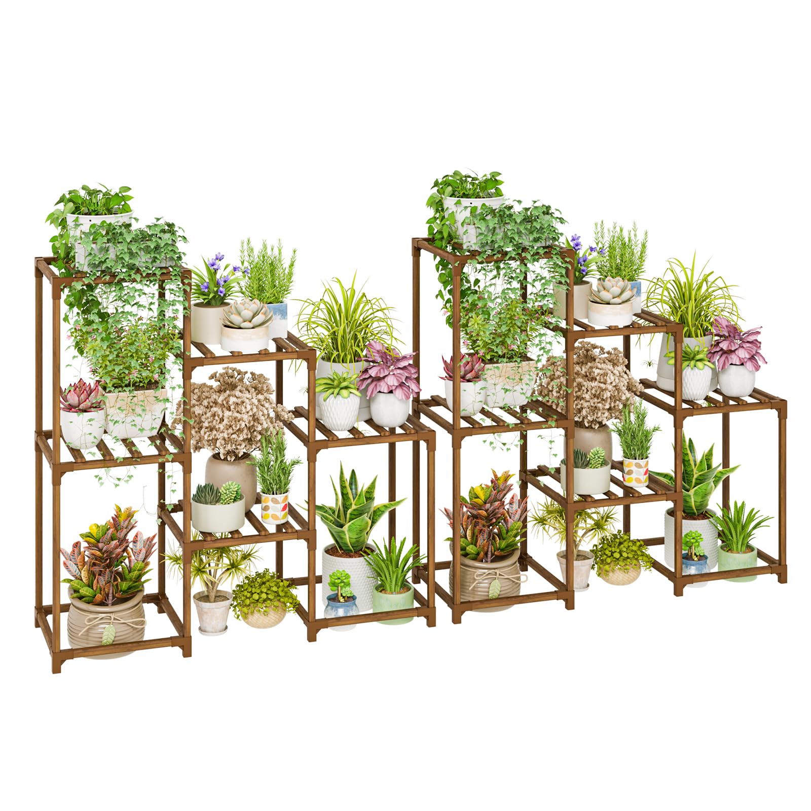 Bamworld front view of double 3-tier stands showing organized plant display and visual appeal
