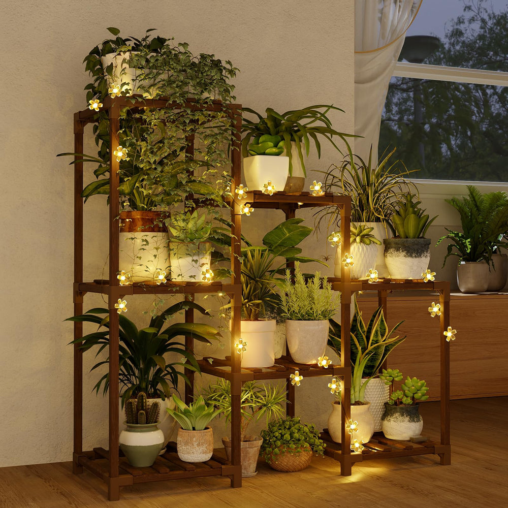 Bamworld plant stand front view showing shelves and warm lights, enhances room style