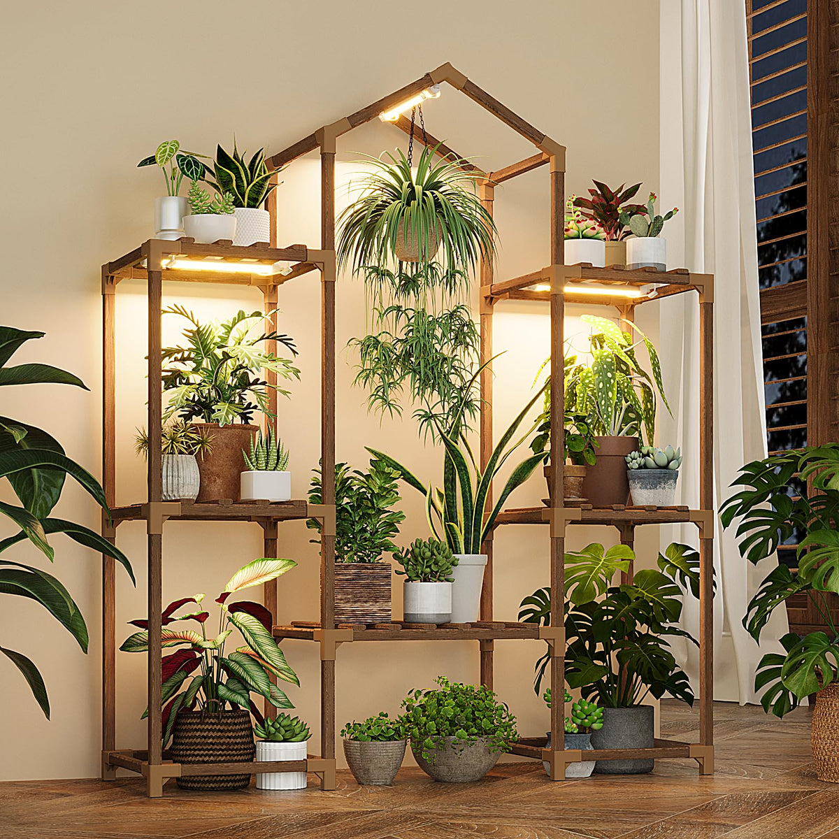 Bamworld front view of wood plant stand showing full design and benefit of organized display