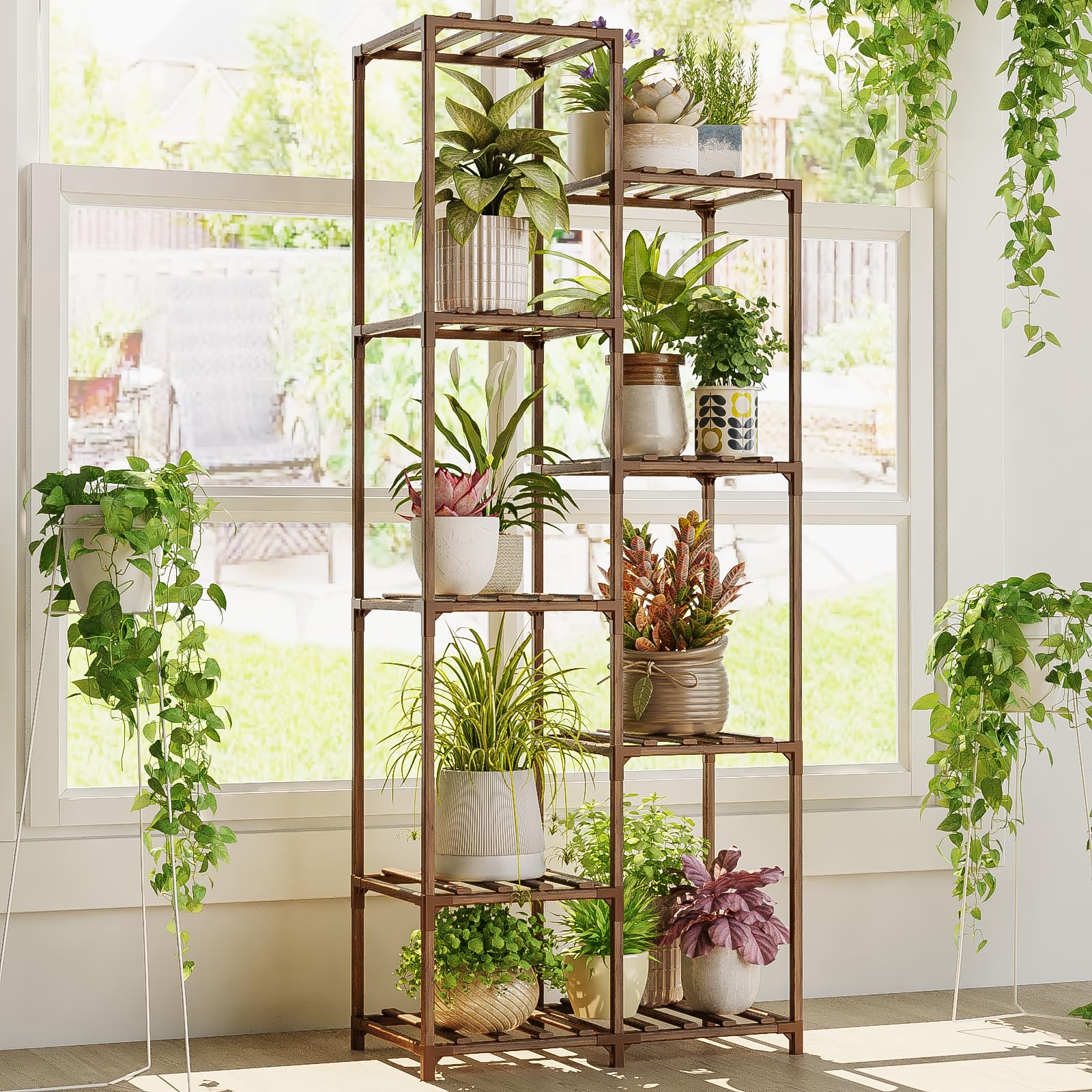 Bamworld plant stand front view showing layered shelves and organized display