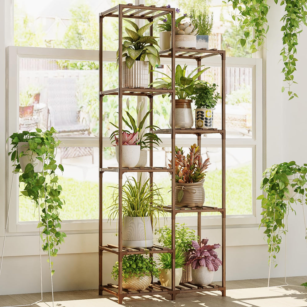 Bamworld plant stand front view showing layered shelves and organized display