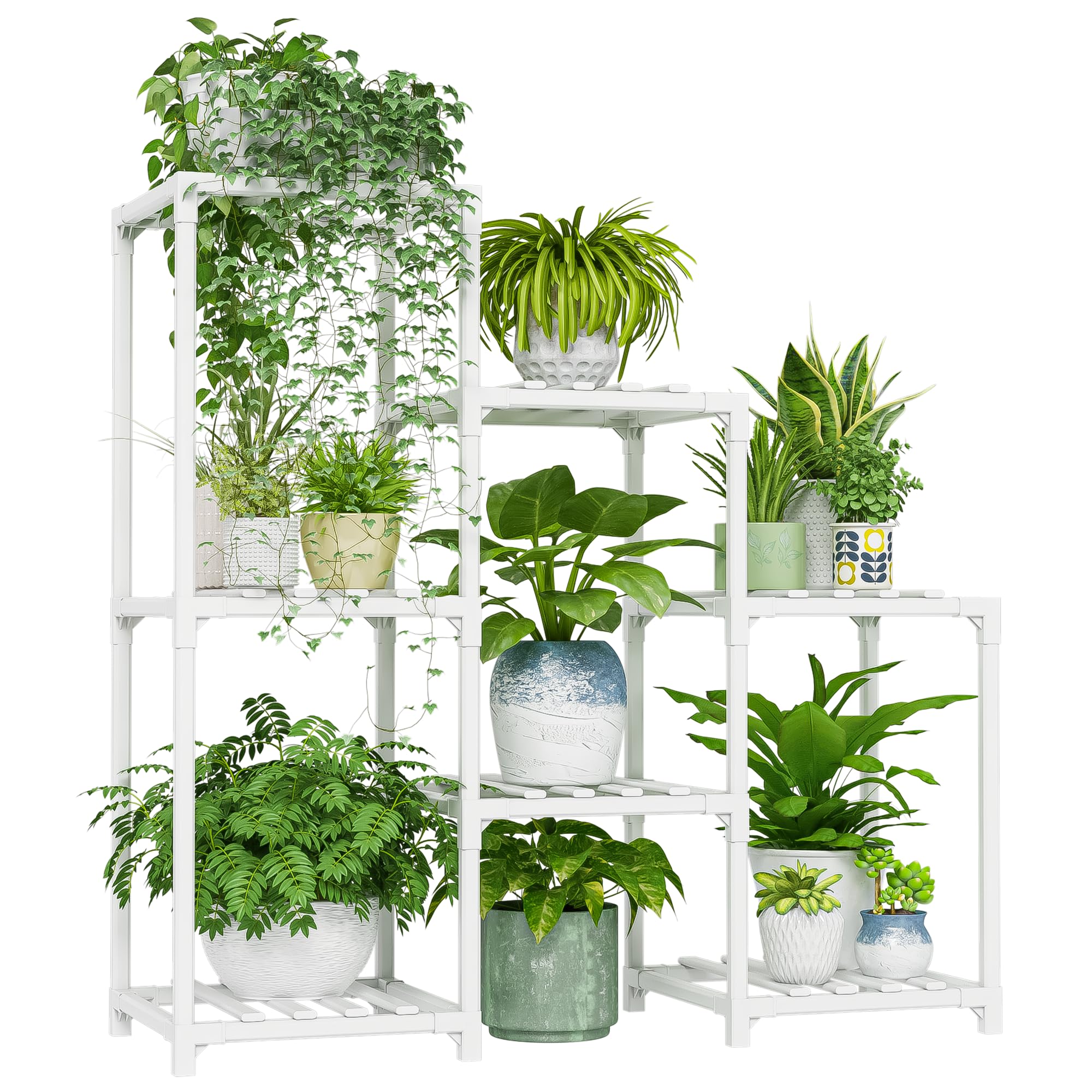 Bamworld front view of white bamboo stand showing tiered pot arrangement and space-saving benefit