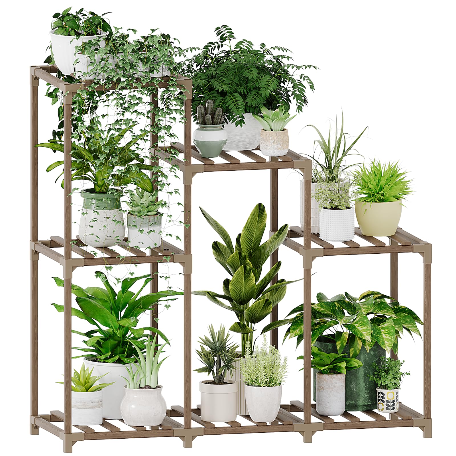 Bamworld front view of ladder-style plant stand showing neat seven-pot display and space-saving benefit