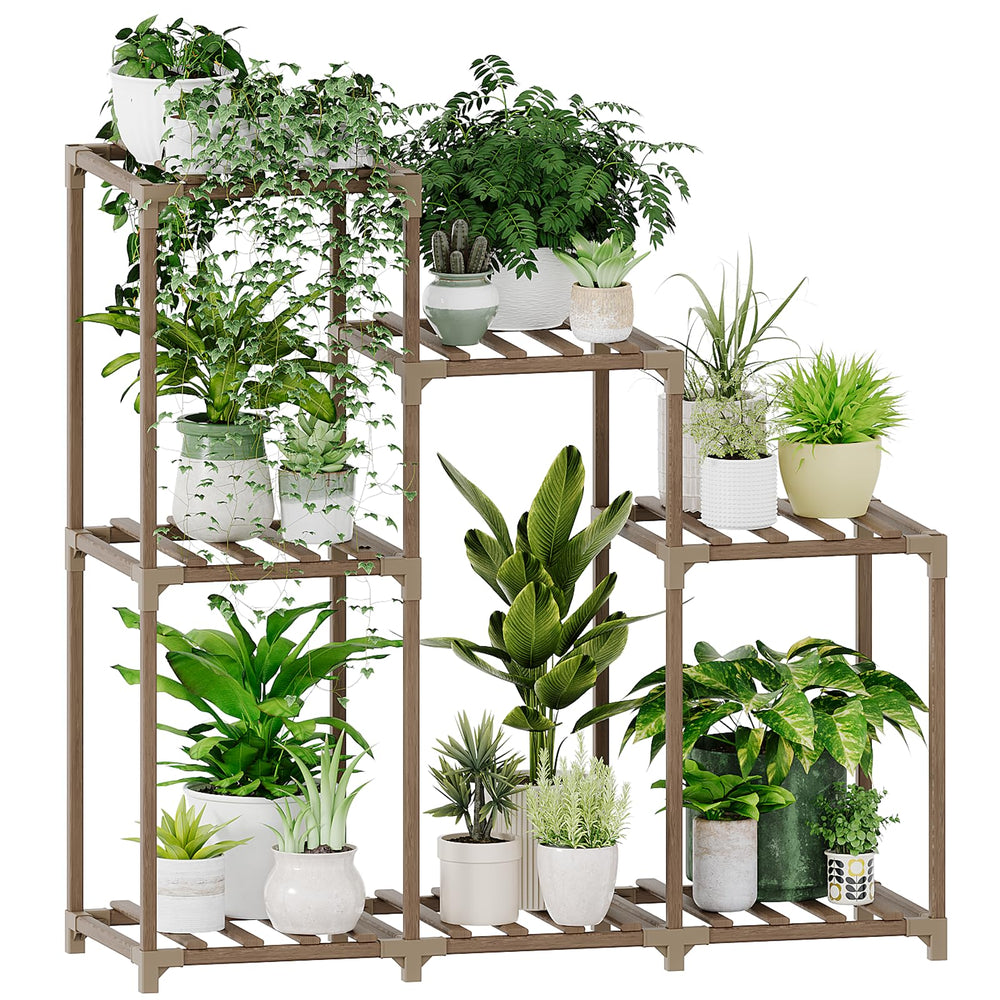 Bamworld front view of ladder-style plant stand showing neat seven-pot display and space-saving benefit