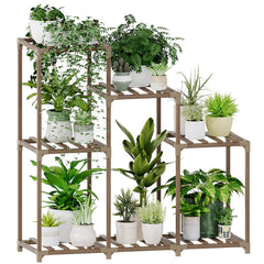 Bamworld front view of ladder-style plant stand showing neat seven-pot display and space-saving benefit