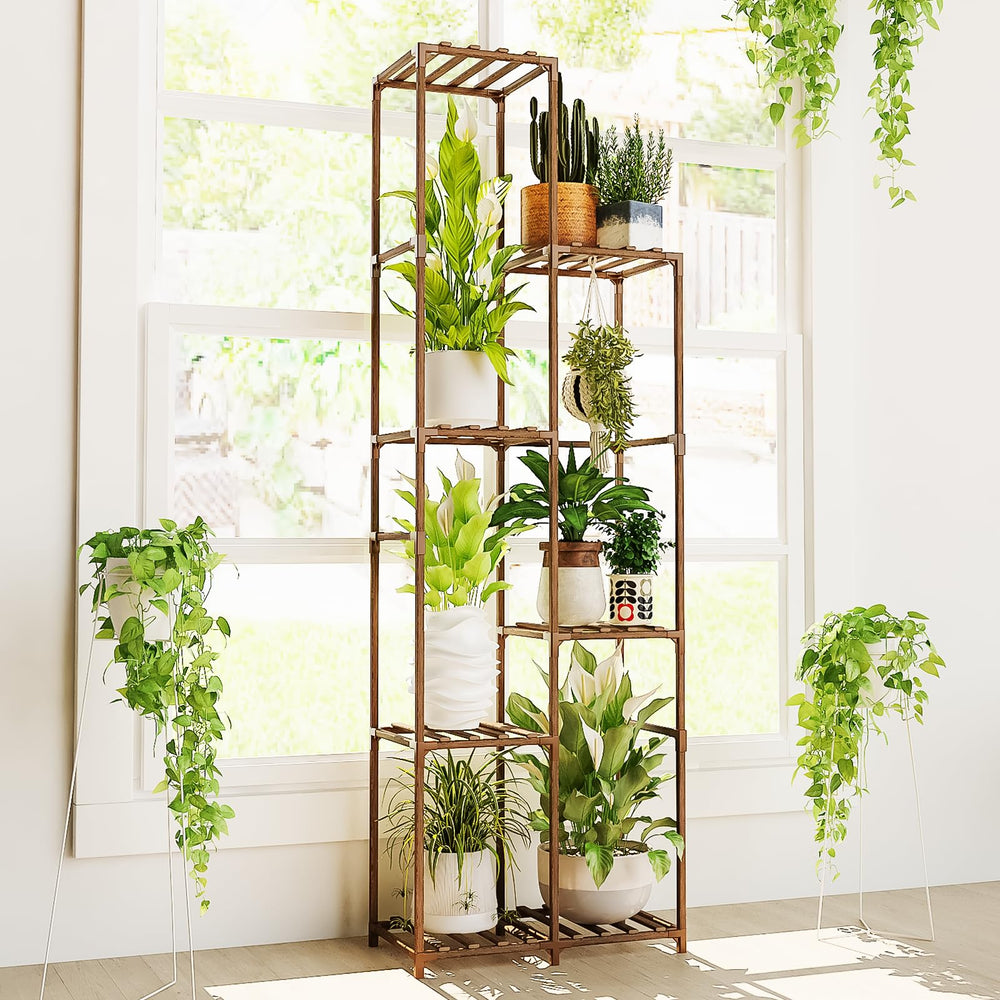 Bamworld plant stand front view showing seven-tier display and neat organization