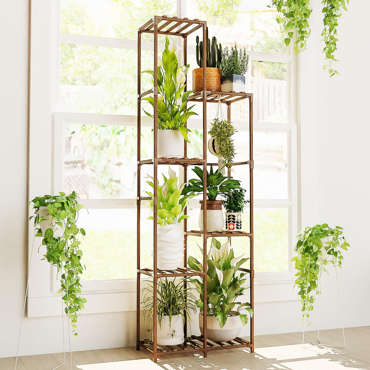 Bamworld plant stand front view showing seven-tier display and neat organization