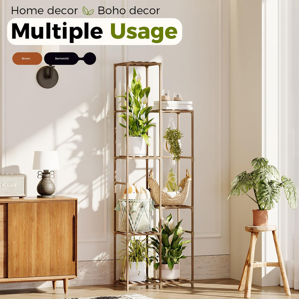 Bamworld plant stand staged in living room adding vertical greenery and warmth