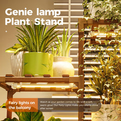 Bamworld plant stand styled in living room creating cozy, plant-forward ambiance