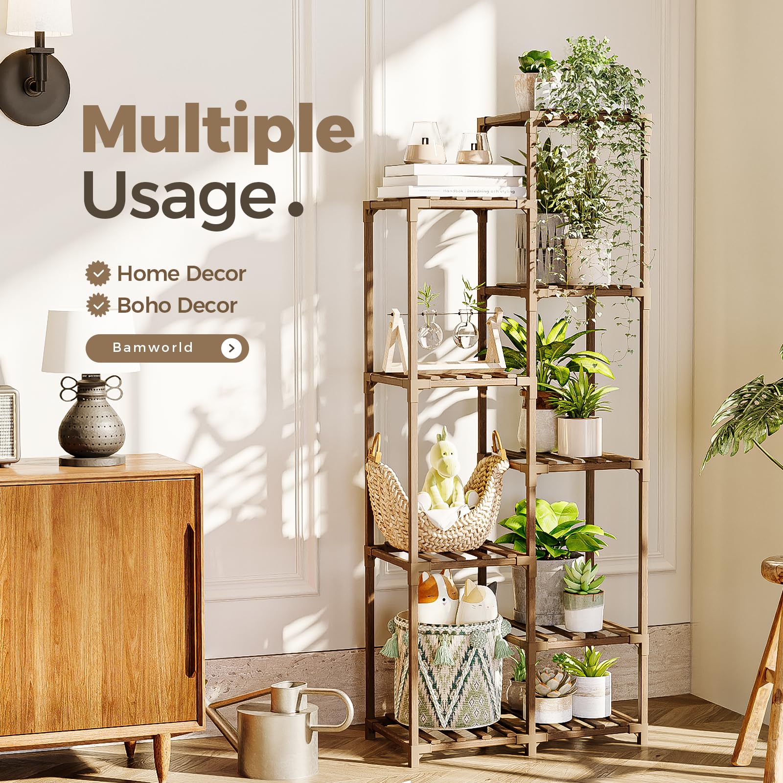 Bamworld plant stand side profile fitted in a corner to save floor space