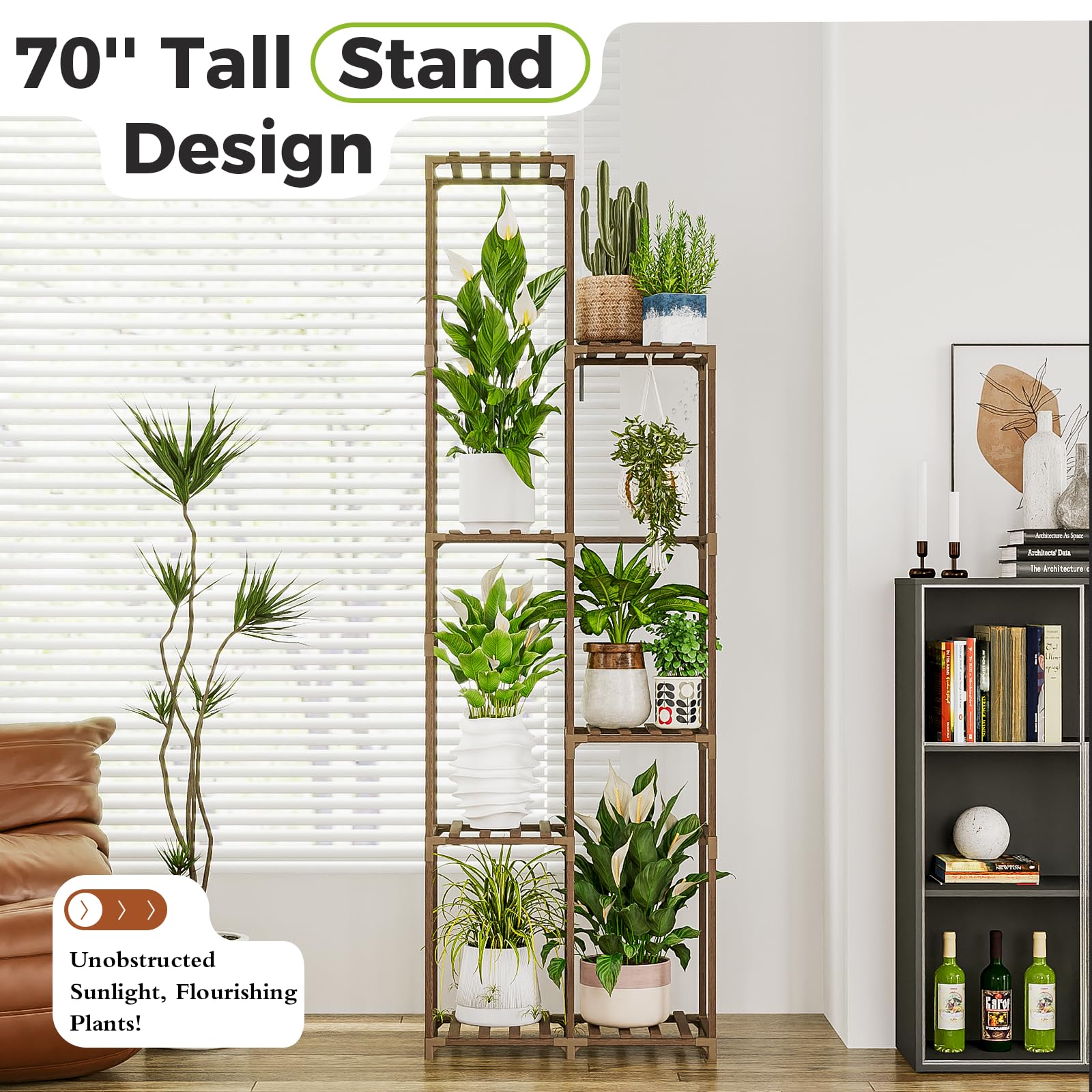 Bamworld plant stand side profile highlighting tall slim footprint benefit