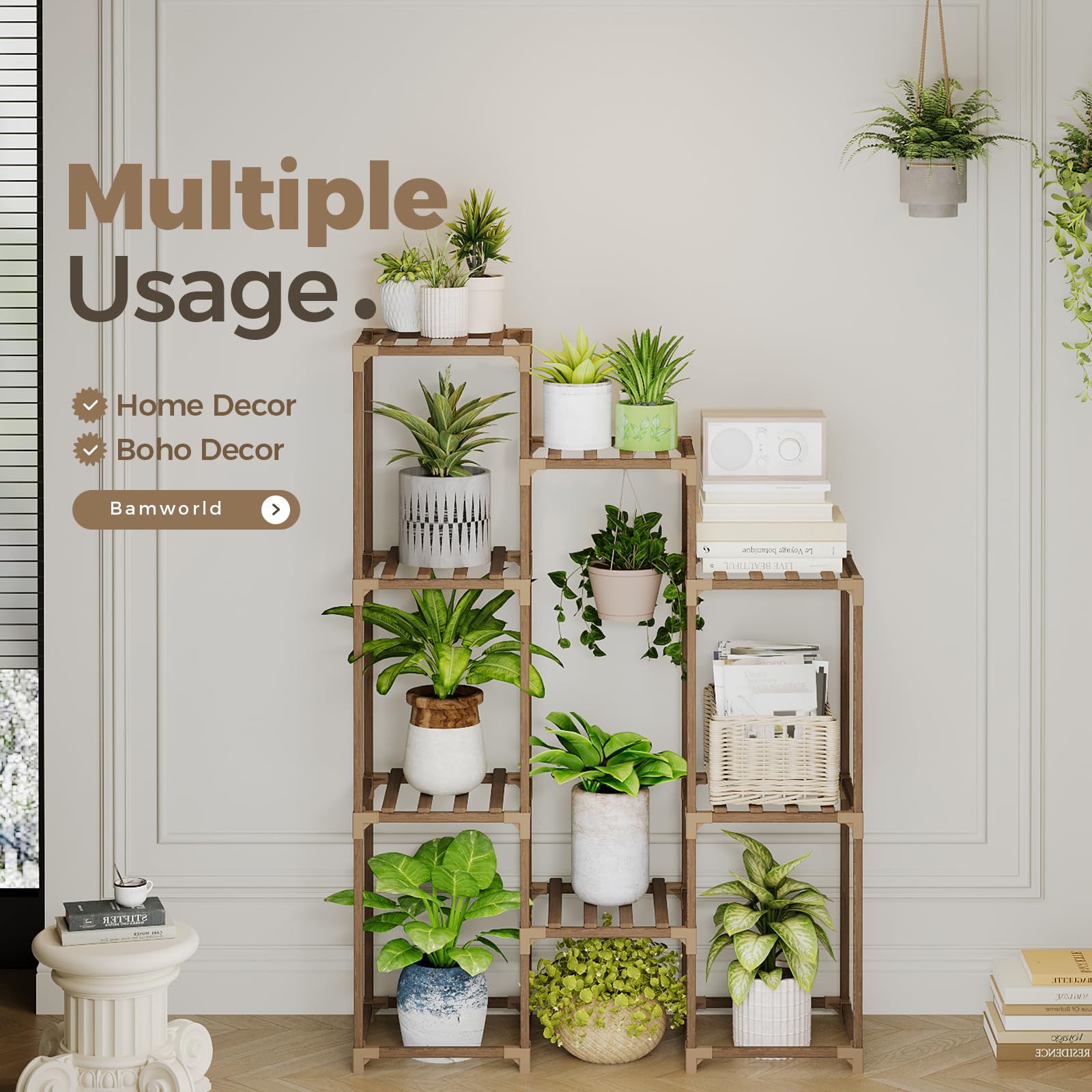Bamworld plant stand beside standard pot for scale showing capacity