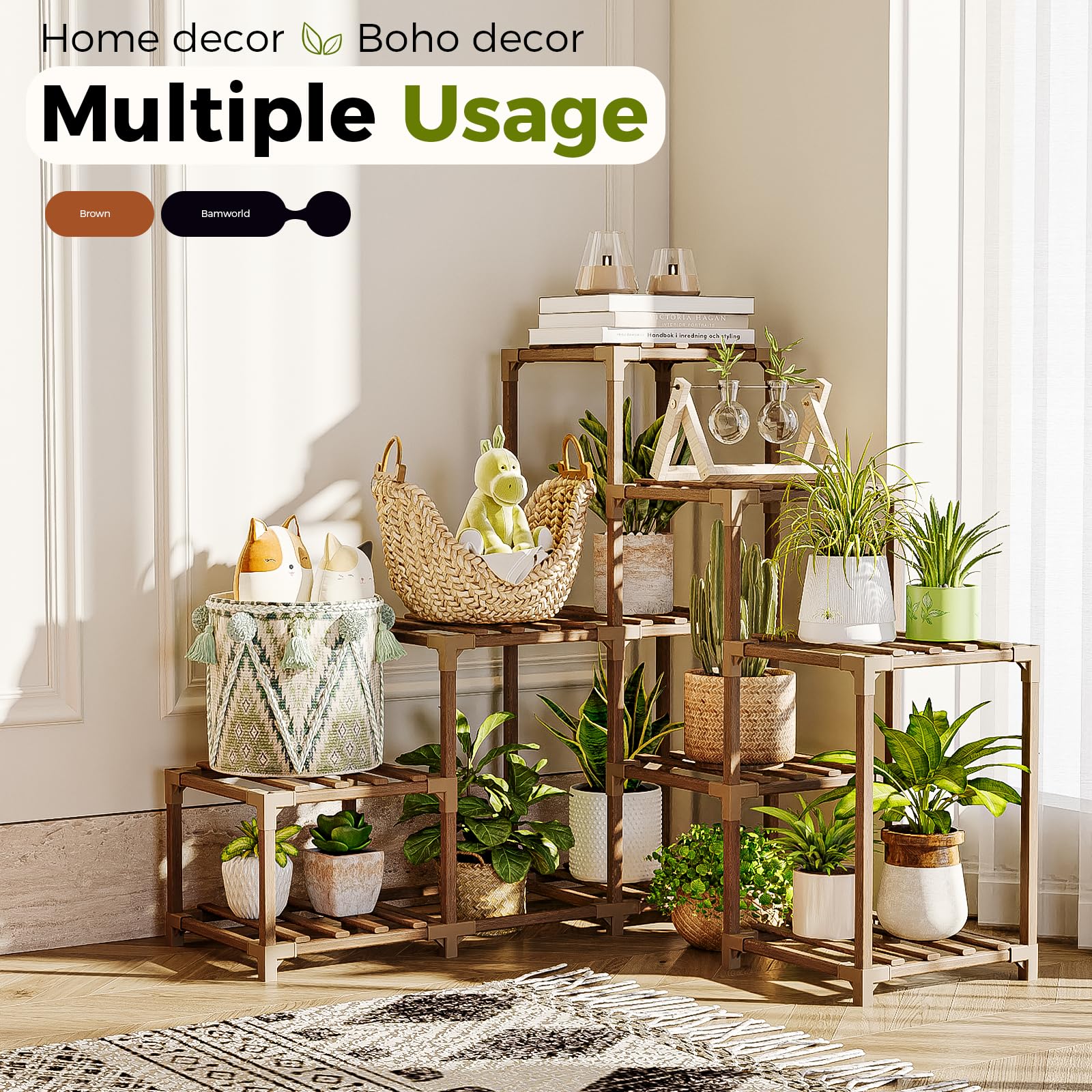 Bamworld plant stand with assorted pots showing capacity for over ten plants