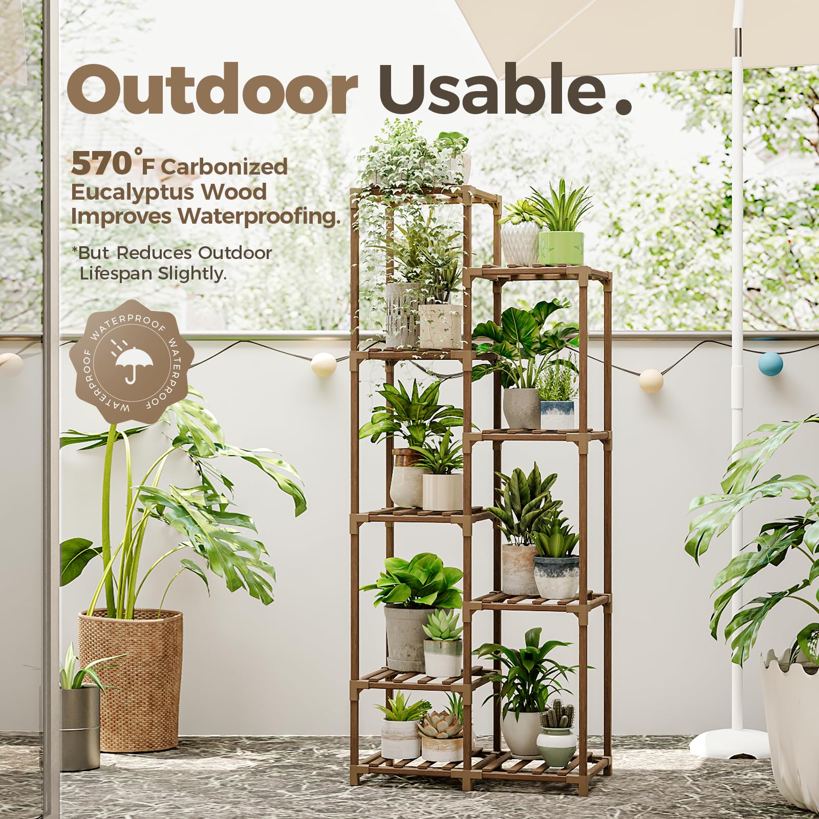 Bamworld plant stand eucalyptus shelf texture demonstrating water resistance