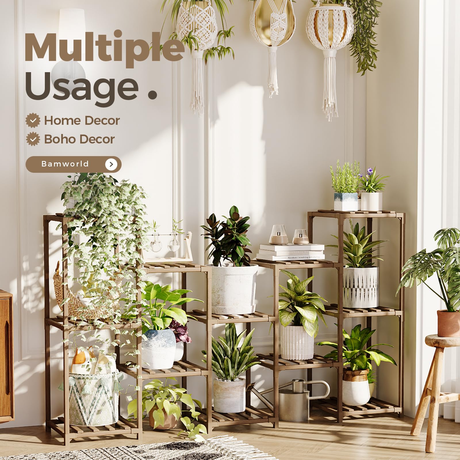 Bamworld shelf with plants on balcony, maximizes vertical gardening benefit