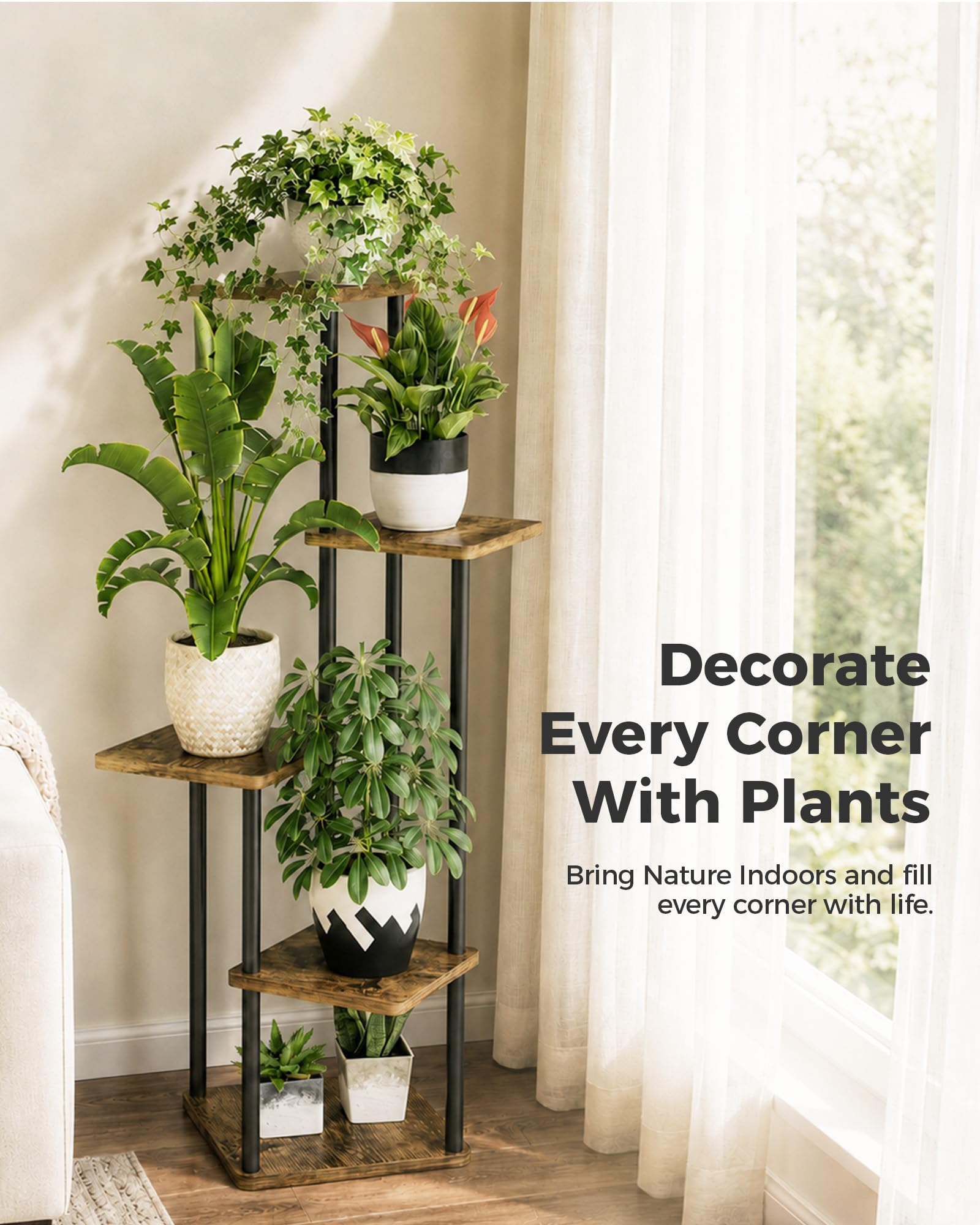 Bamworld plant shelf styled in living room improving room organization