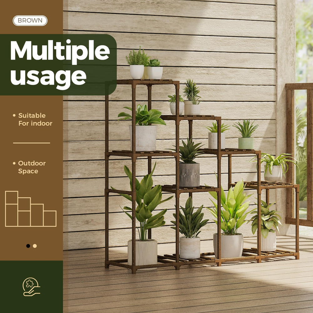 Bamworld plant stand with pots in a living room adding boho decor benefit