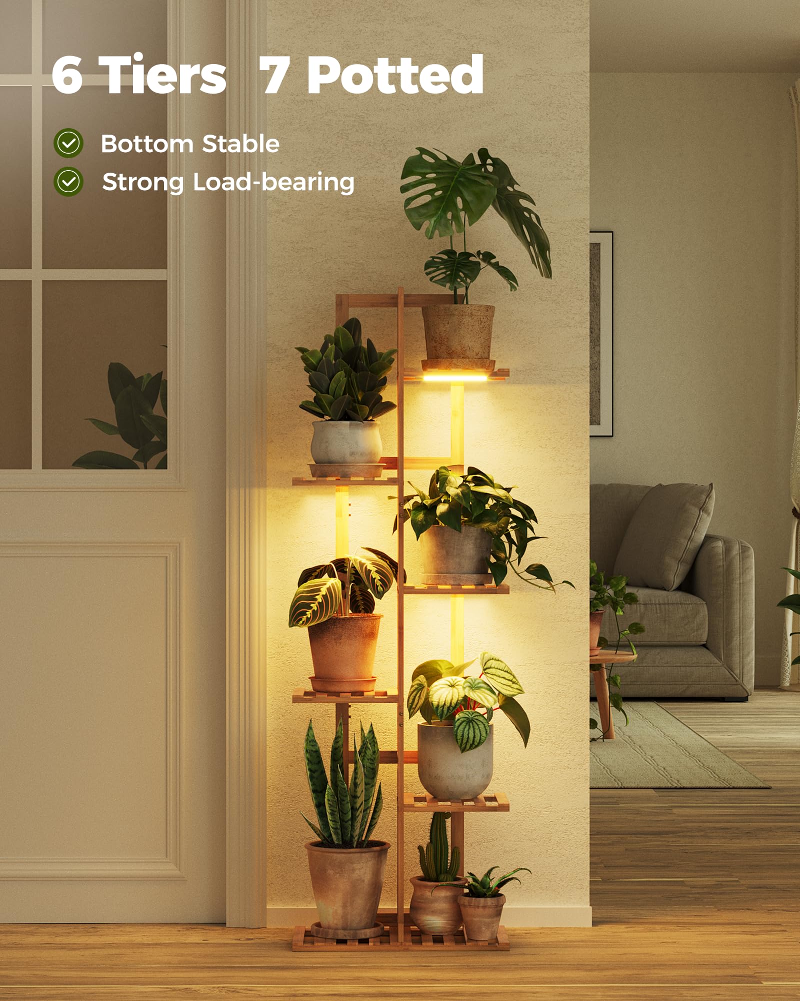 Bamworld shelf loaded with various pots, shows strong per-tier capacity and adaptable arrangement