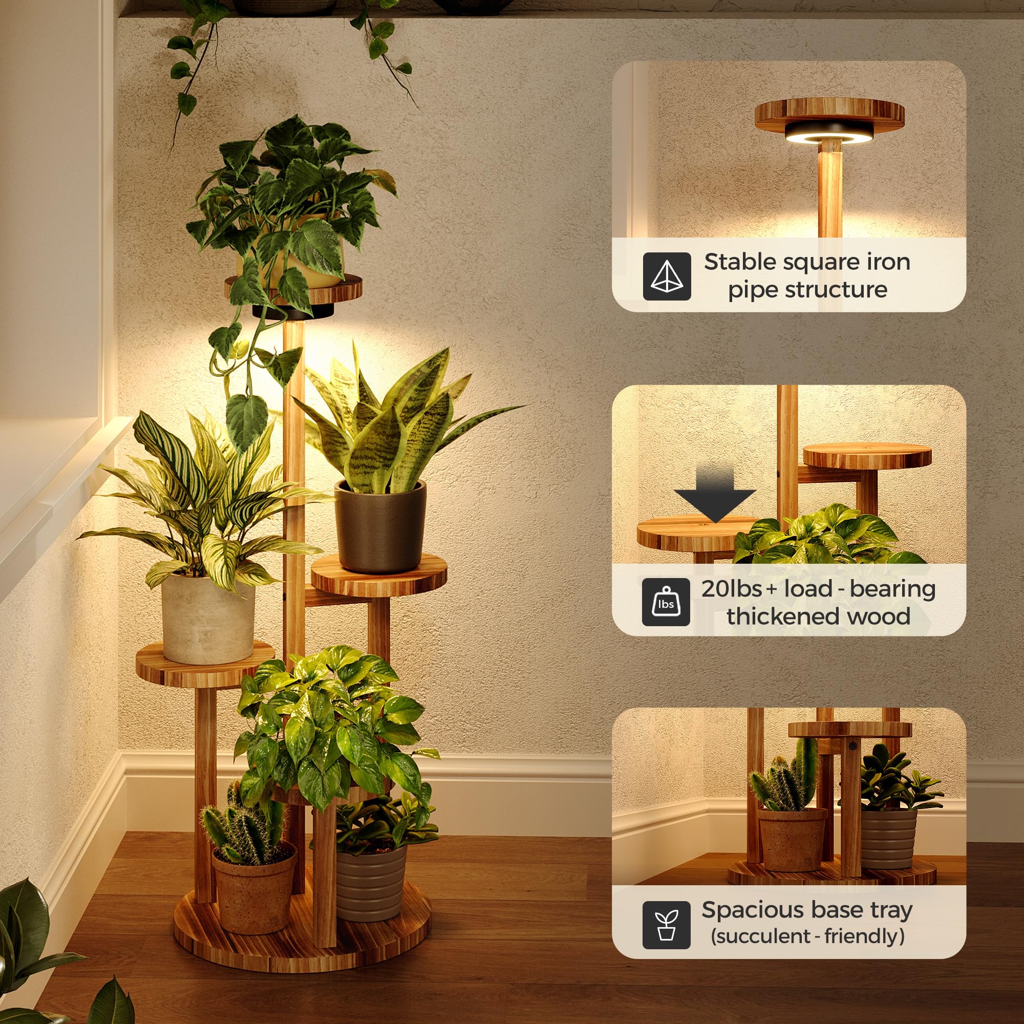 Bamworld shelf holding medium pots demonstrating 20 lb per-tray capacity and stable support