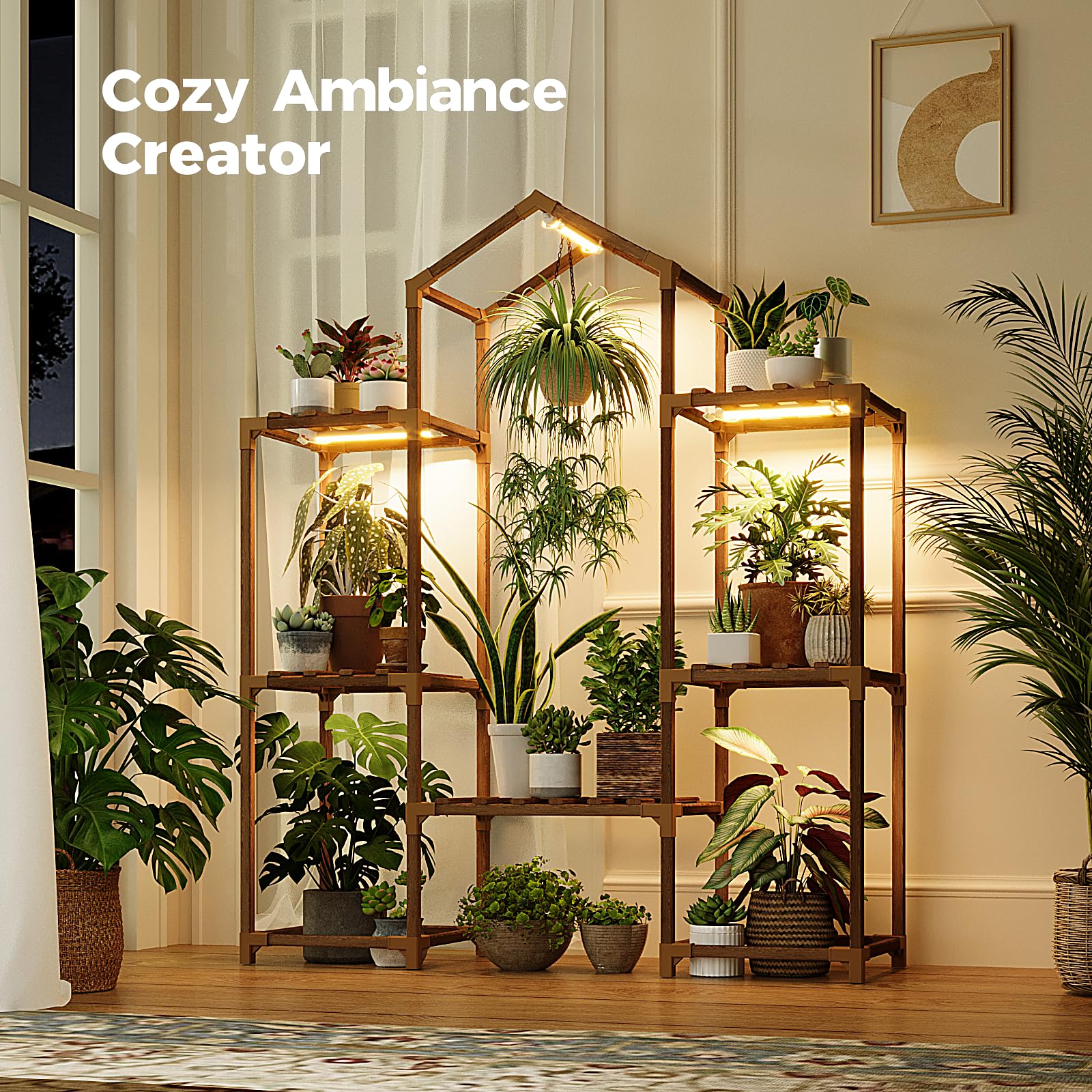 Bamworld plant stand beside a potted plant showing scale and compact space-saving benefit