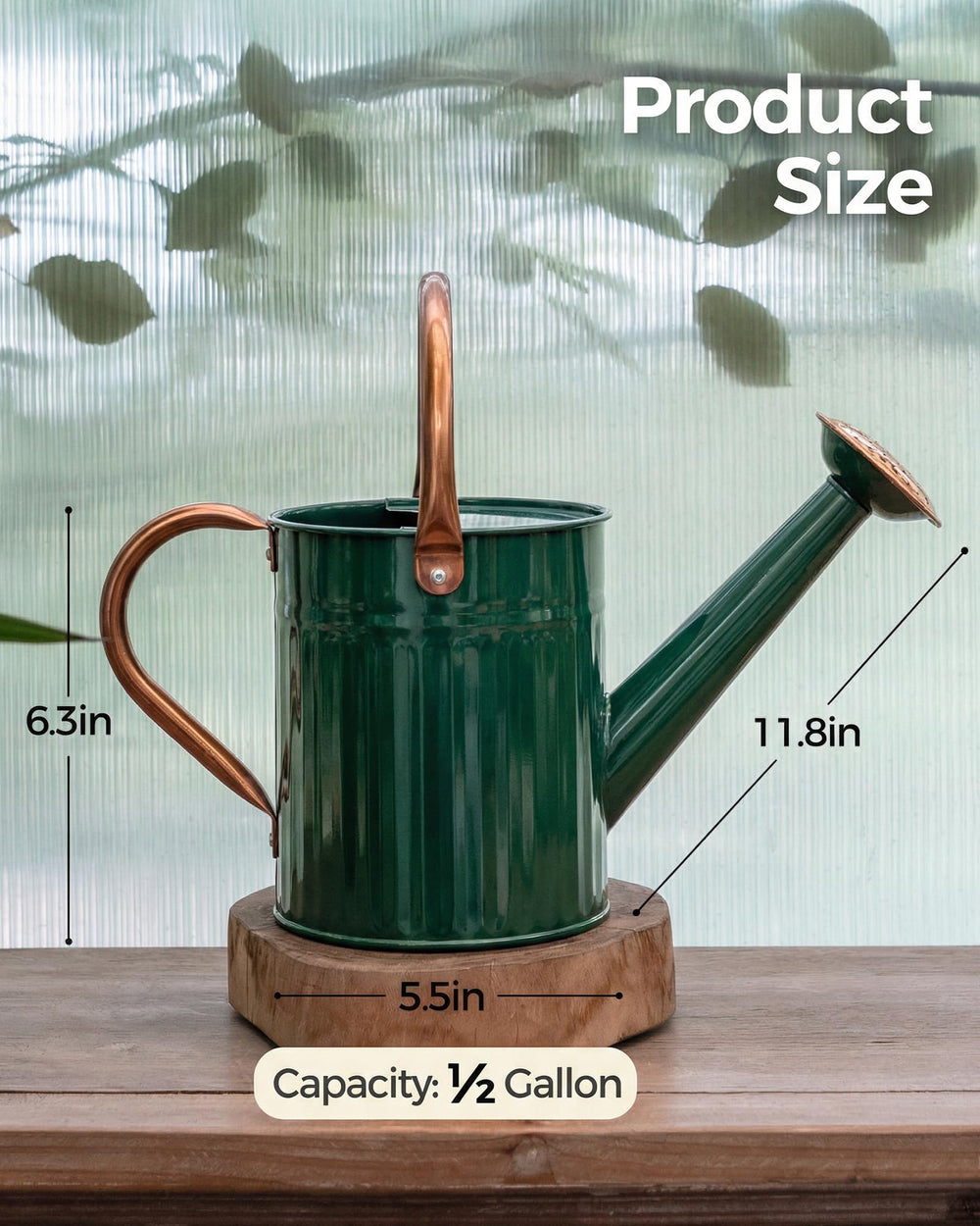 Bamworld watering can beside a plant pot to show compact scale and half-gallon capacity
