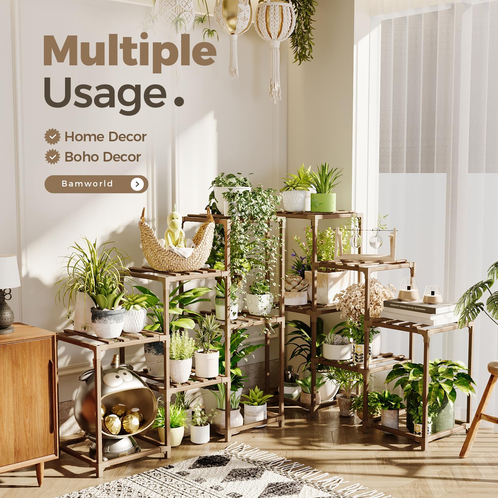 Bamworld plant shelf staged with mixed pots demonstrating efficient multi-plant display