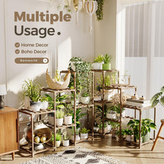 Bamworld plant shelf staged with mixed pots demonstrating efficient multi-plant display