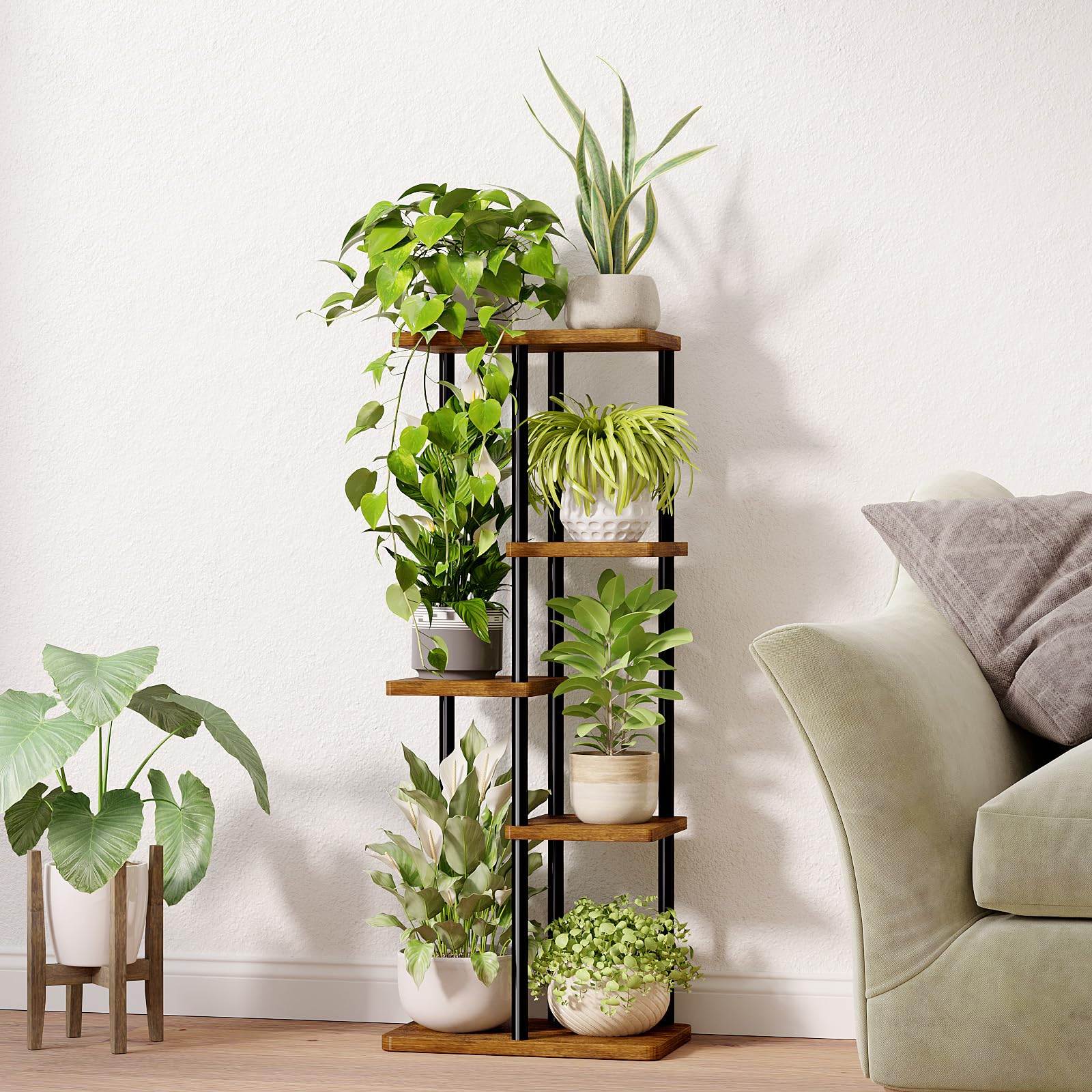 Bamworld tiered shelves styled with plants shows space-saving display benefit