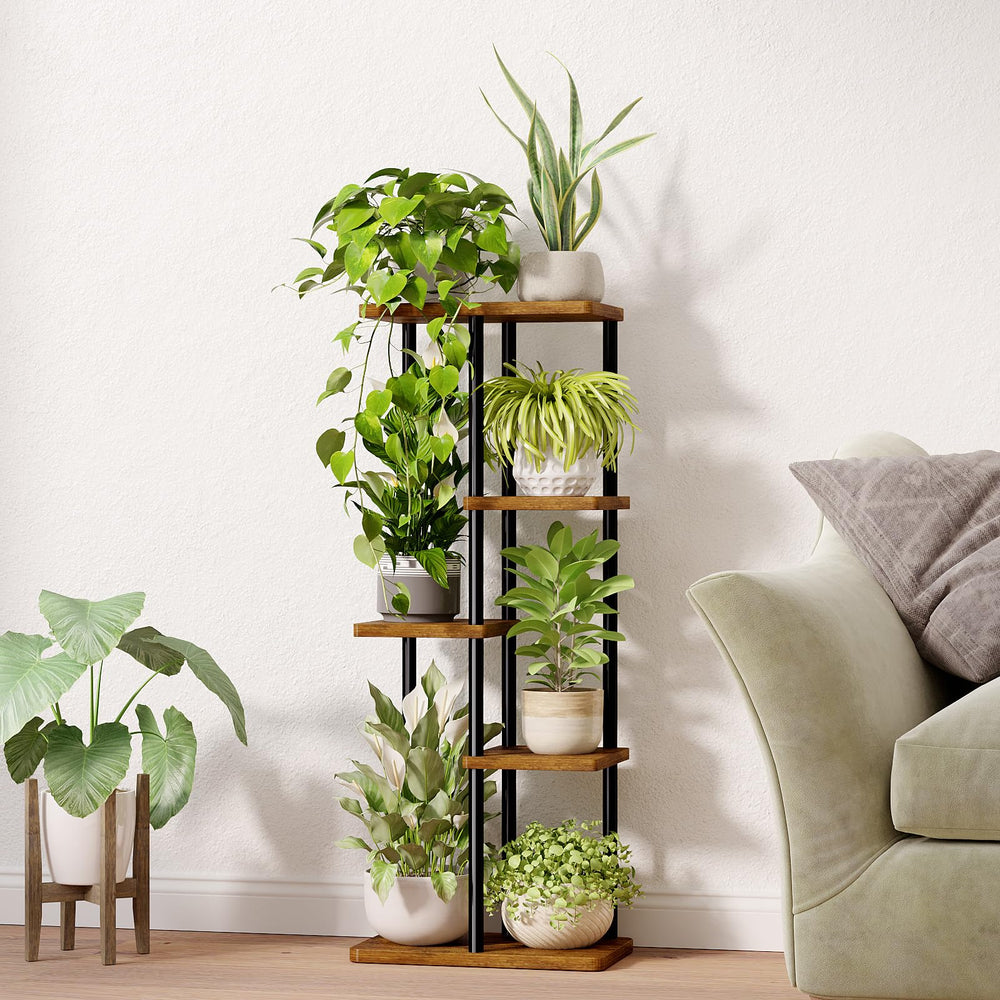 Bamworld tiered shelves styled with plants shows space-saving display benefit