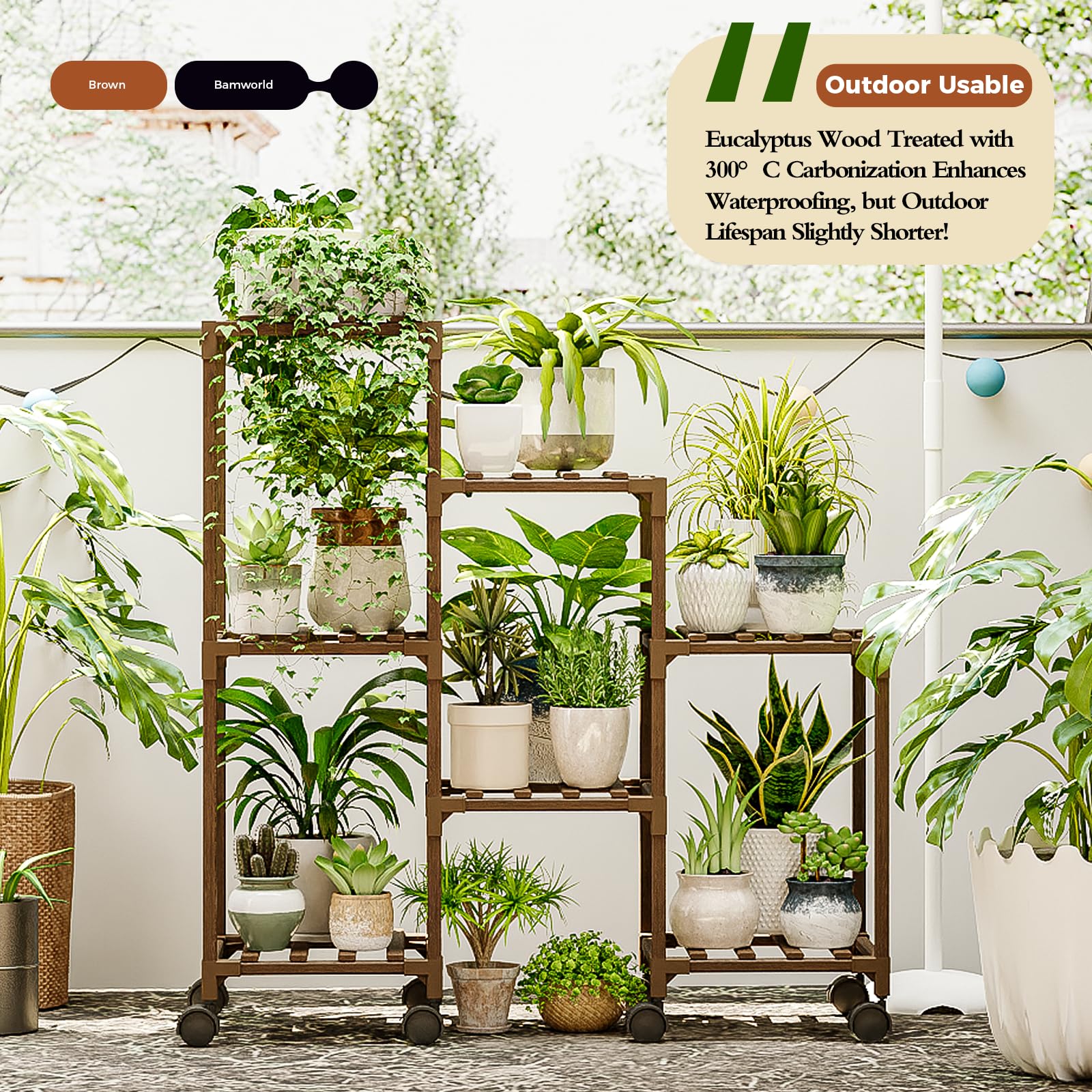 Bamworld tiered stand staged with seven potted plants adding decorative green style
