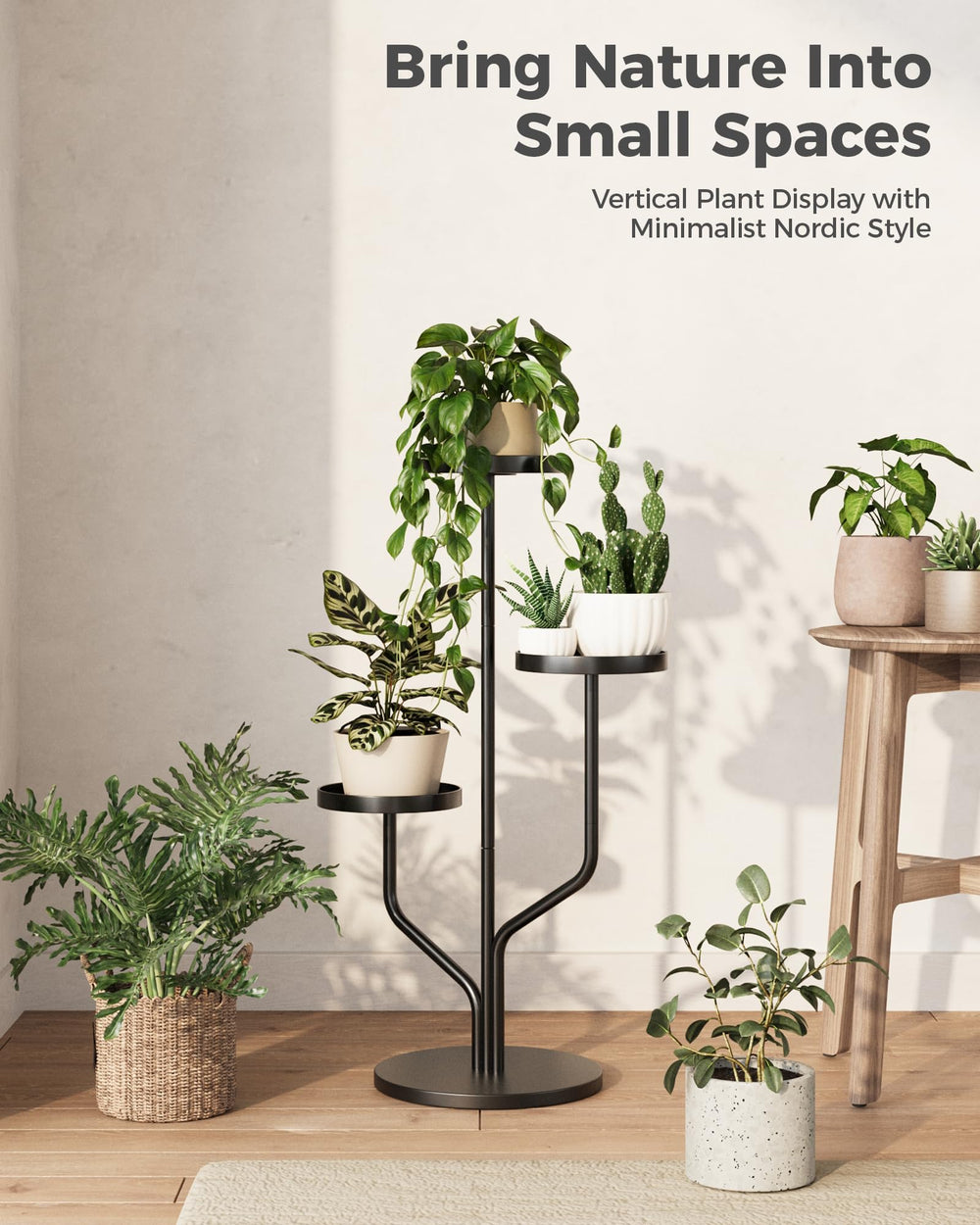 Bamworld top shelf loaded with pots demonstrating layered display and plant variety benefit