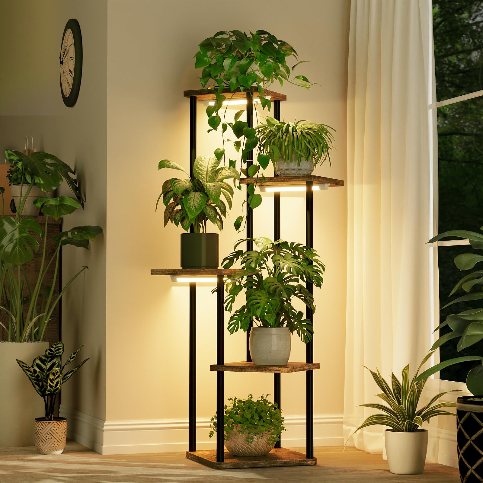 Bamworld top shelf with fiddle leaf fig demonstrating widened base and crossbar for upright stability
