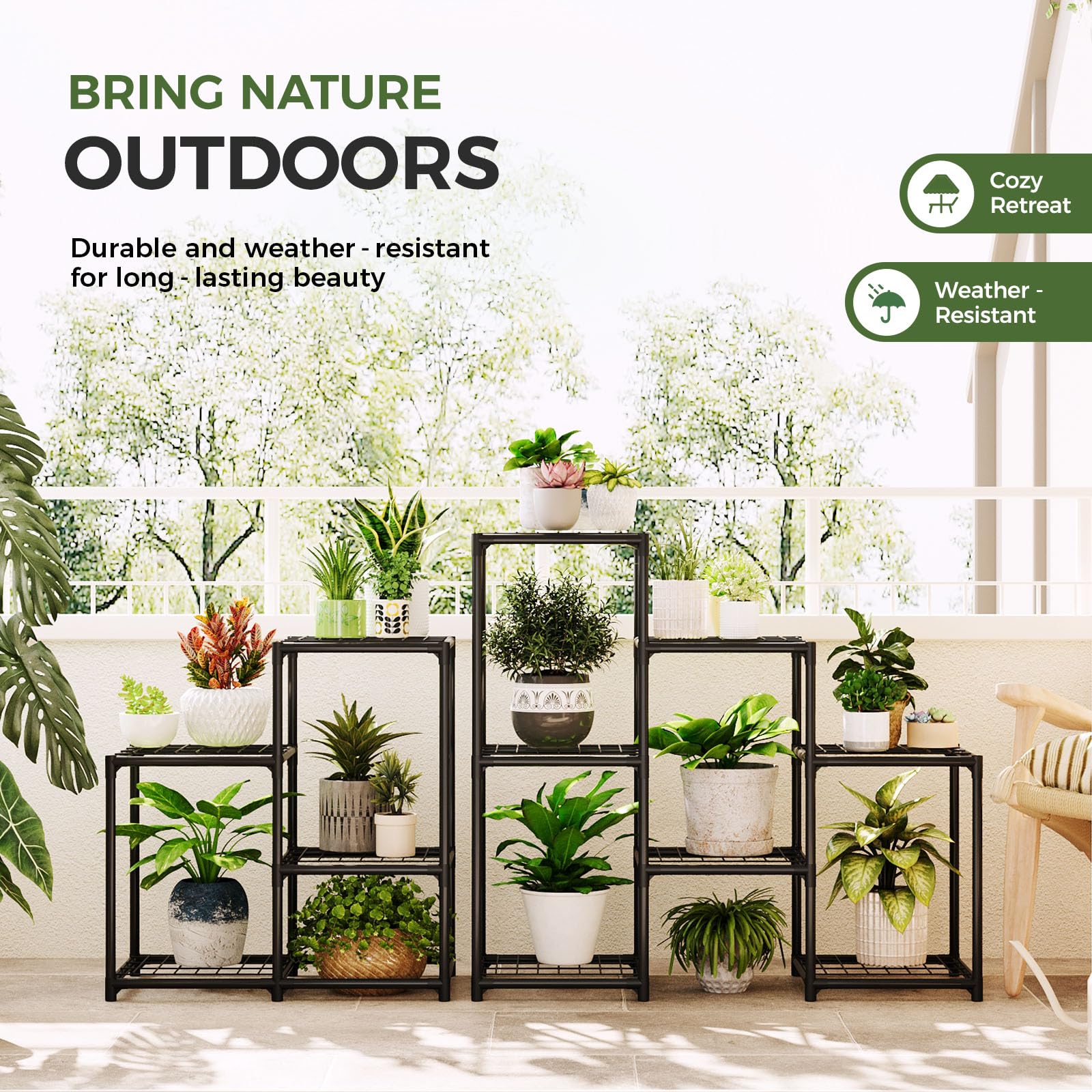 Bamworld stand on covered balcony showing outdoor-capable display while protecting plants