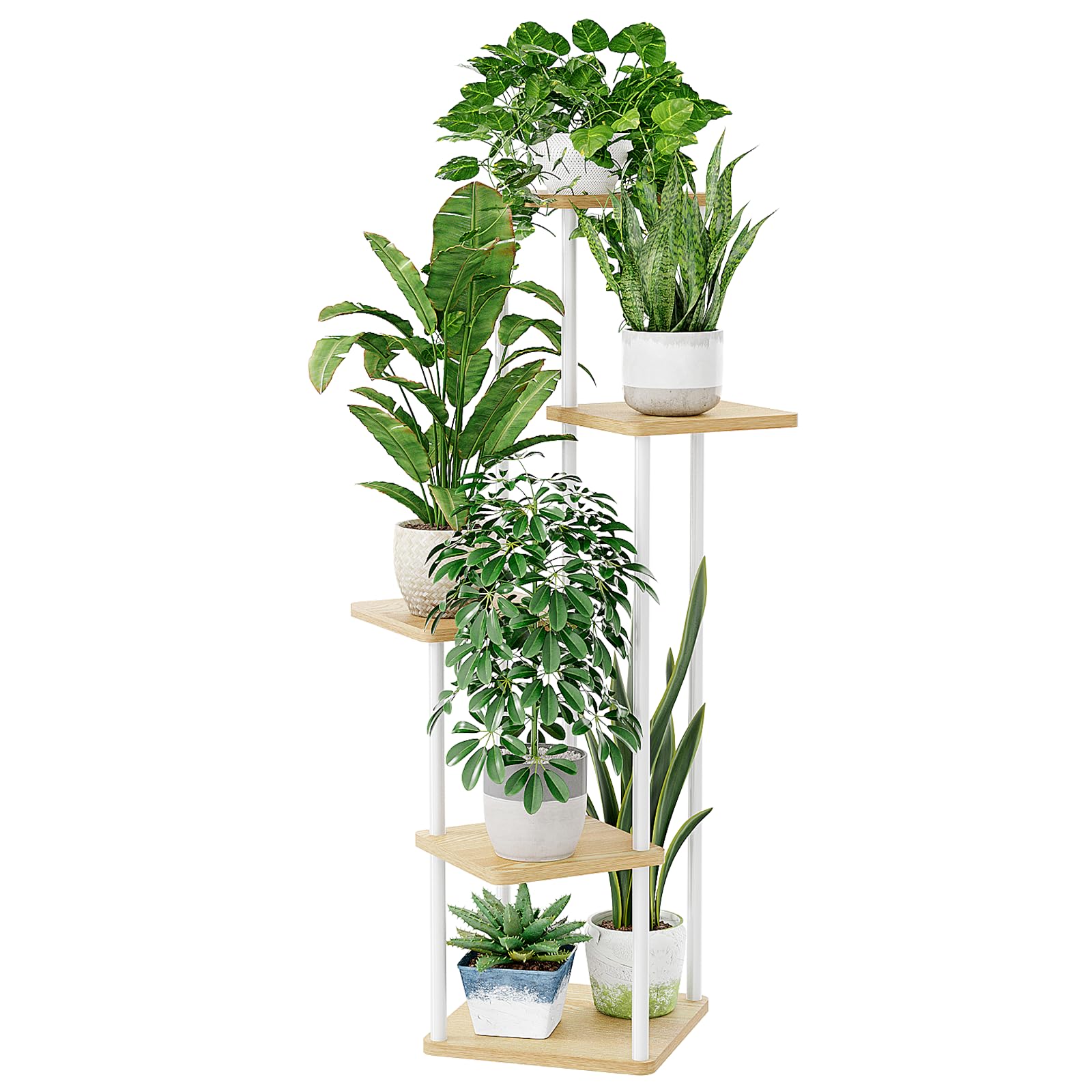 Bamworld white plant stand front view showing tidy multi-tier display benefit