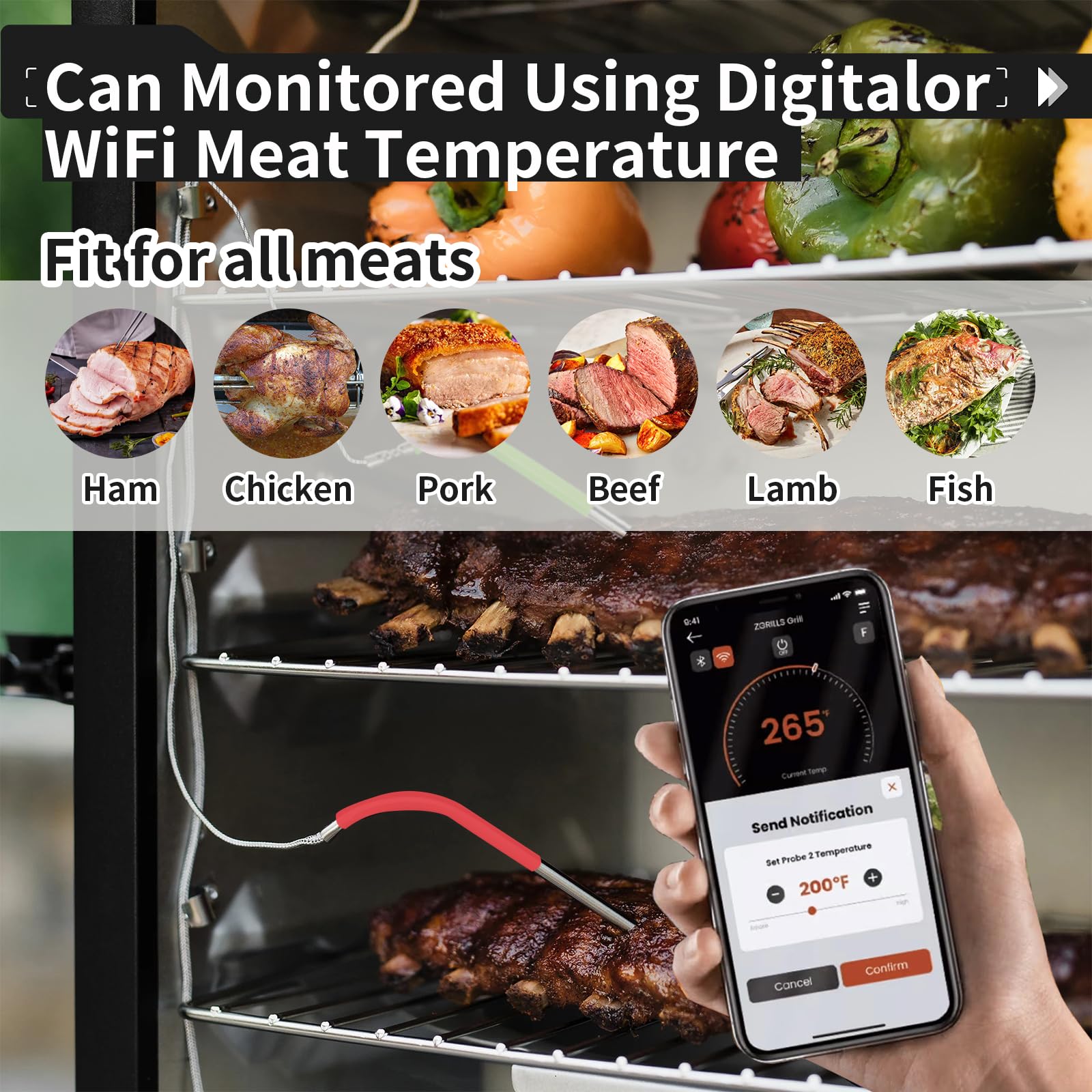 Banbitebq probes installed in a smoker with clips for organized, accurate multi-meat monitoring