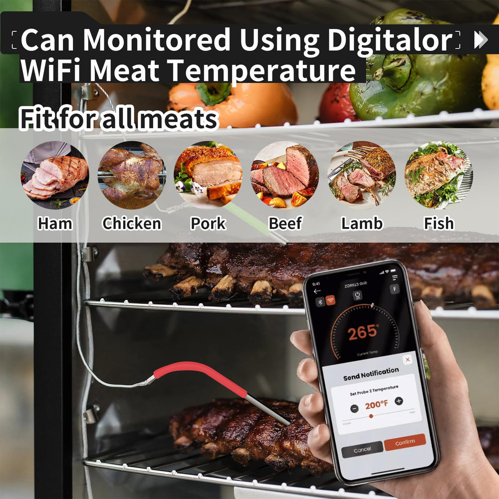 Banbitebq probes installed in a smoker with clips for organized, accurate multi-meat monitoring