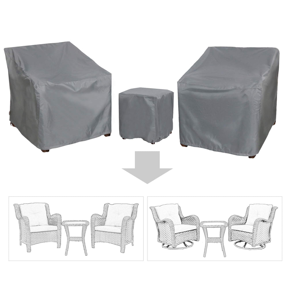 BANER GARDEN front view showing three-piece cover set protecting bistro furniture