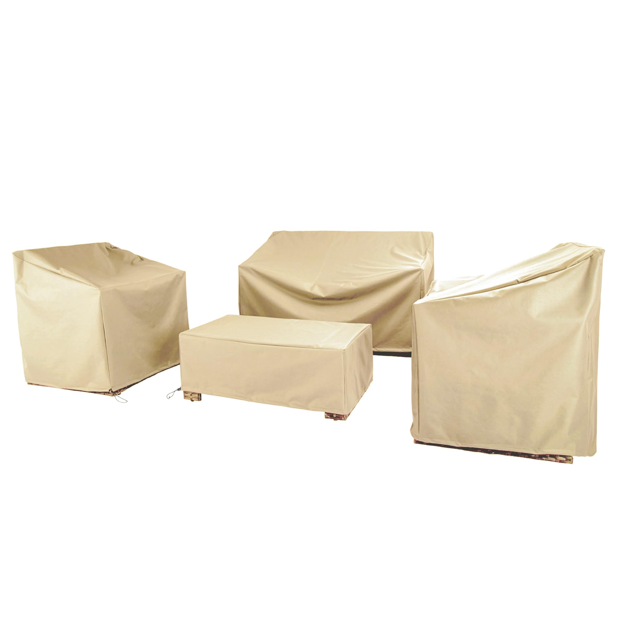 BANER GARDEN front view of beige 4-piece set covered protecting furniture