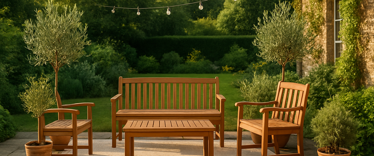English garden patio with outdoor rug and teak furniture — GardenLuxe hero